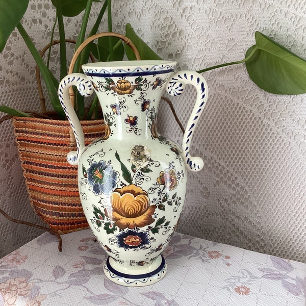 Hubert BEQUET Quaregnon Vase en Céramique Vintage Polychrome Centre de Table Décor Floral Peint Main