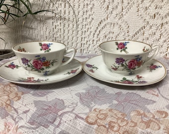 Limoges France Two Vintage Fine Porcelain Cups and Saucers Coffee Set Antique French Floral Bouquet Decor