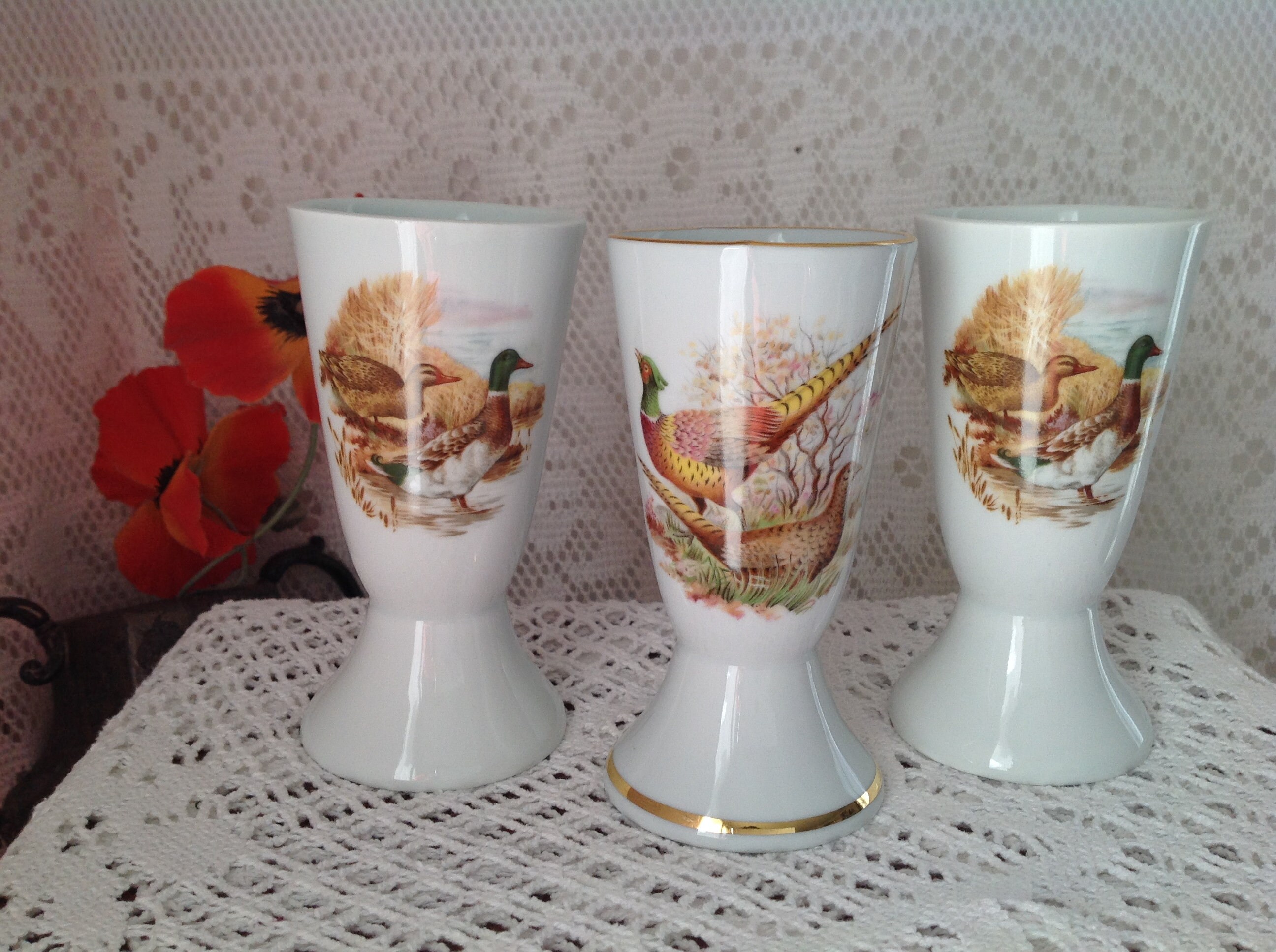 Paire De Mazagrans En Faïence Blanche - Motif Floral Vintage Orangé - Occasion En Bon état