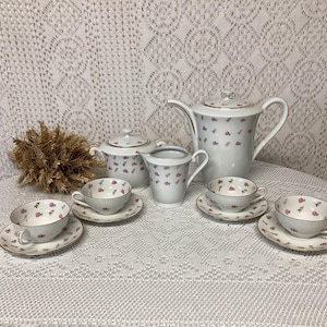 Limoges Coffee Set 4 Cups and Saucers 1 Sugar Pot 1 Coffee Pot Teapot Vintage Antique French Tea Set
