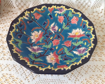 Antique French Vintage Longwy Enamel Fruit Bowl Serving Platter on Foot