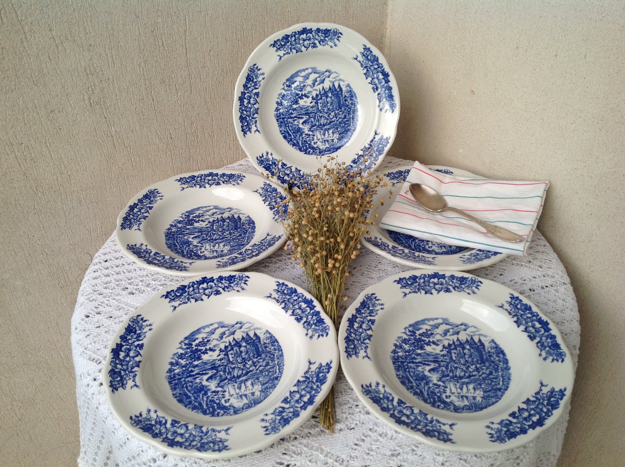 5 Assiettes en Porcelaine Pyroblan Vintage à Soupe Creuse Décor Bleu Blanc