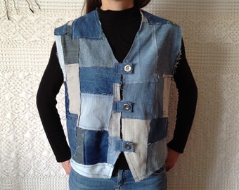 Weste Ärmellose Jacke In Jeans Patchwork Recycelt Upcycling Größe 36/40 Kleidung Patchwork Einzigartige asymmetrische Übergröße