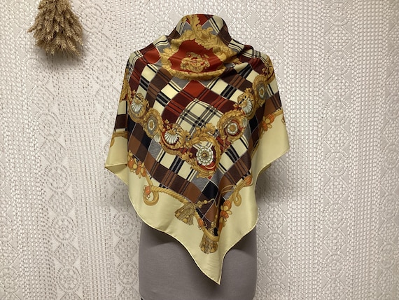 Foulard en Soie Vintage Pampilles Frise Jaune Tartan