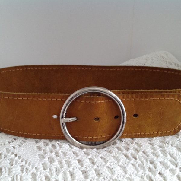 Ceinture en Cuir Vintage Taille 68 Boucle en Métal Ronde Ceinture Moutarde