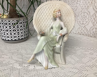 Vintage Biscuit Subject Elegant Lady Seated in an Armchair Ceramic Decoration