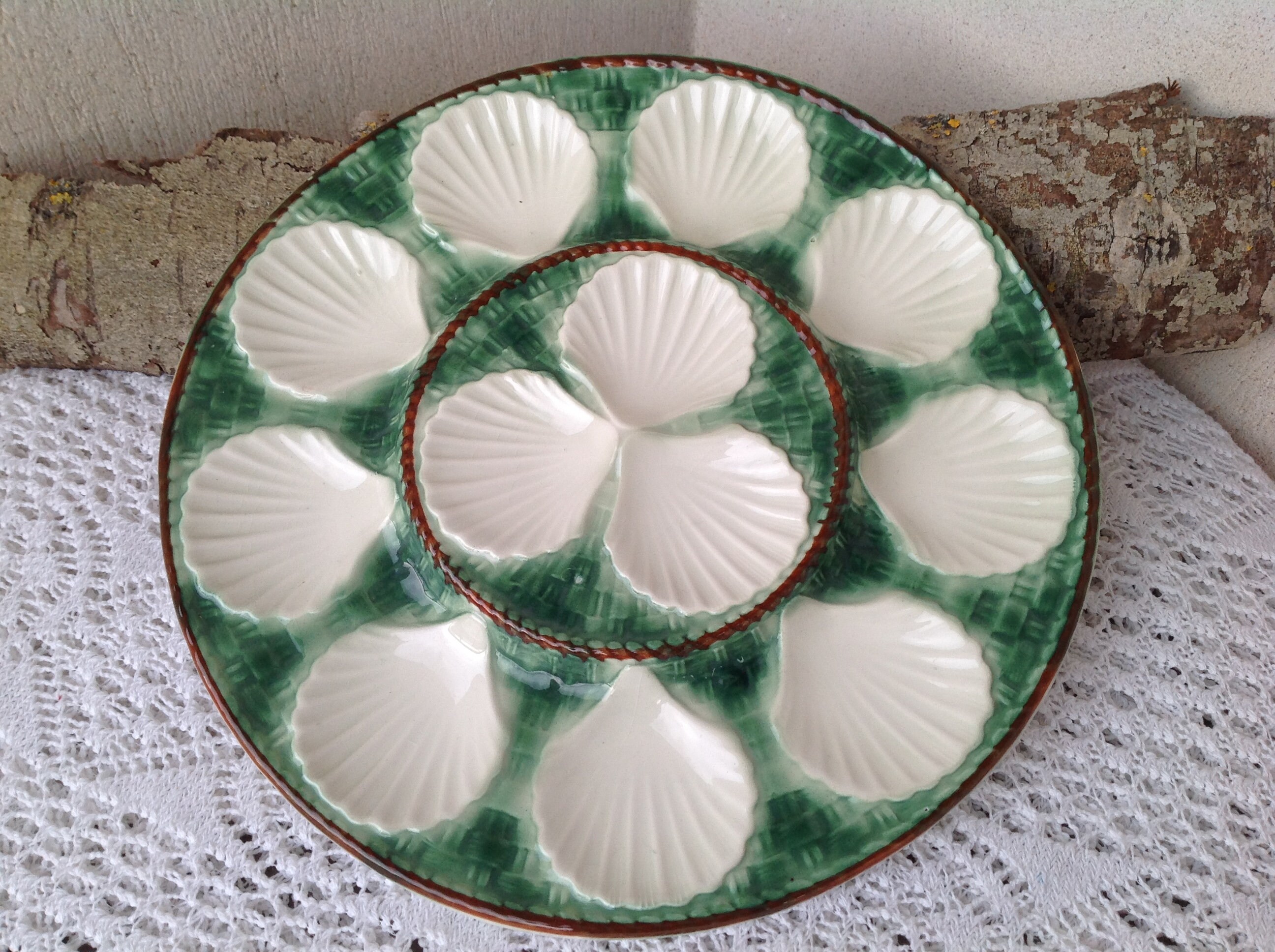 Plateau de Services Huîtres en Barbotine Longchamp France Plat Vintage à Coquillages 12 Huitres