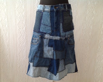 Jupe en Jeans Patchwork Upcycled Recyclé T.38/40