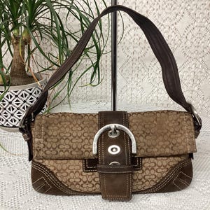 Bolso de mano Coach para mujer, mini bolso baguette vintage de lona y piel, bolso Coach Soho, bolso con solapa Coach 3628