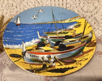 Rdo. LLoret de Mar Assiette Décorative en Porcelaine Pirogues de Pêches Mer Bleu Plage