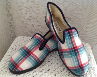 Arthur Slippers in Striped Canvas Vintage Size 39/40 Checkered Chamber Shoes Interior Slippers Made in France