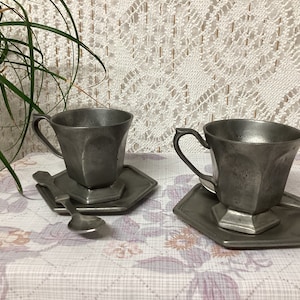 Pewter of Paris Two Cups and Saucers Vintage Antique French Cups Saucers and Small Spoon in Pewter
