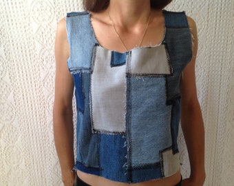 Upcycled recyceltes Patchwork-Jeans-Top T.36