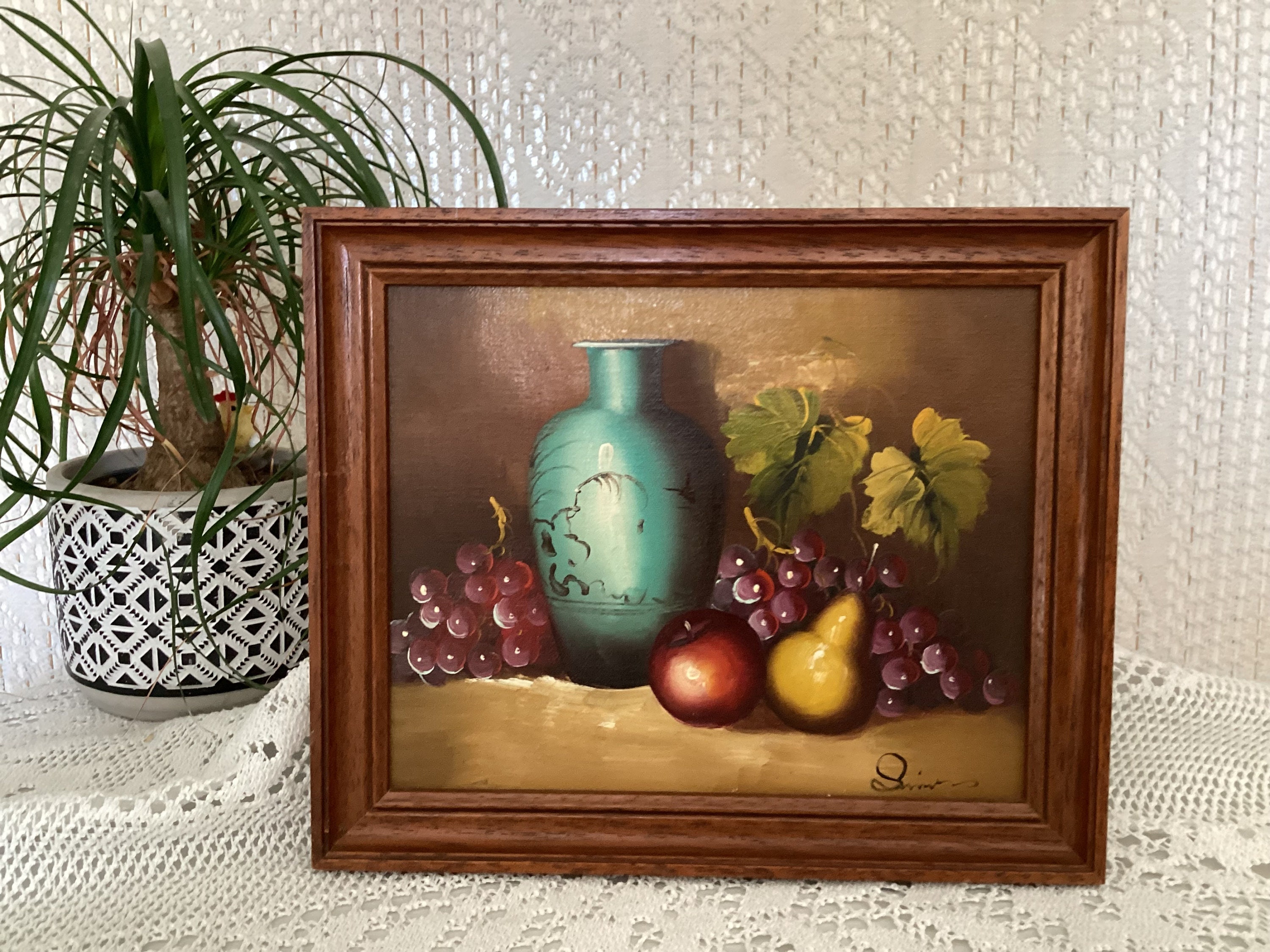 古い絵 静物画 かわいい絵 花瓶と果物 ブドウ 梨 リンゴ - Etsy 日本