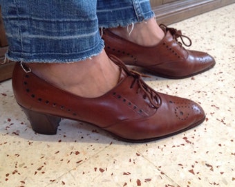 Bally Merzana Vintage Oxford Pumps Size 5 1/2 E (38.5) Women&#39;s Shoes Brown Bally Made in Switzerland