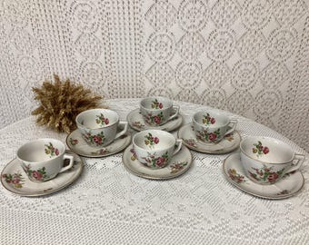 6 Cups and Saucers (4 Coffee Cups and 2 Tea Cups) Vintage Antique French Authentic Porcelain Floral Coffee Cup