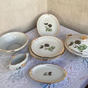 Könnte beinhalten: Ein weißes Porzellangeschirr-Set mit einem dunklen Mohnblumenmotiv und goldfarbenen Rändern. Die Kollektion umfasst eine Terrine mit Deckel, eine Sauciere, eine große Schüssel, zwei Speiseteller und eine ovale Servierplatte, die zusammen arrangiert sind.