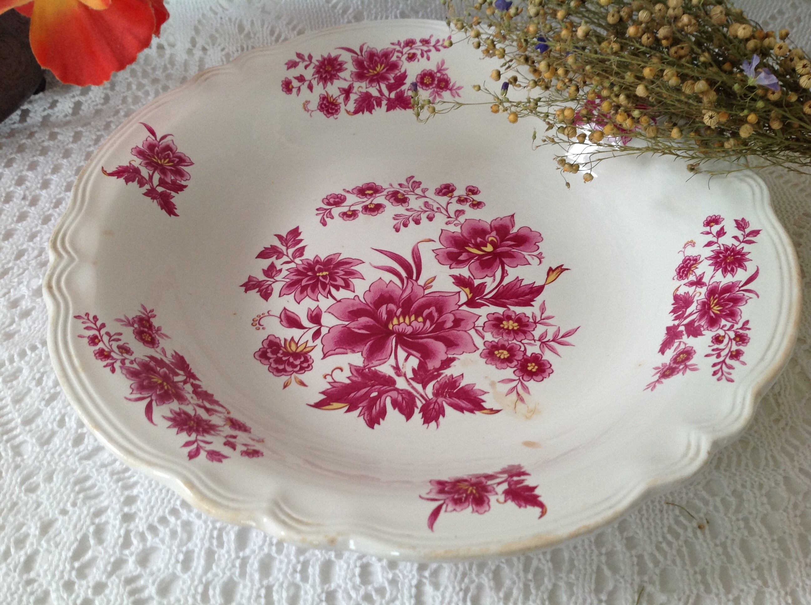 Grand Plat de Service Creux Vintage Sarreguemines Aubusson France Antique Français Floral