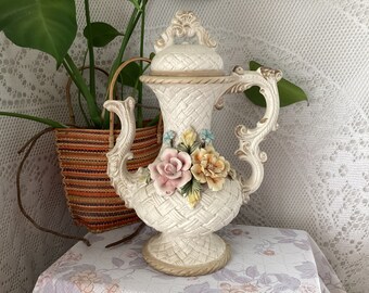 Capodimonte Ancient Ceramic Teapot Floral Decor in Relief