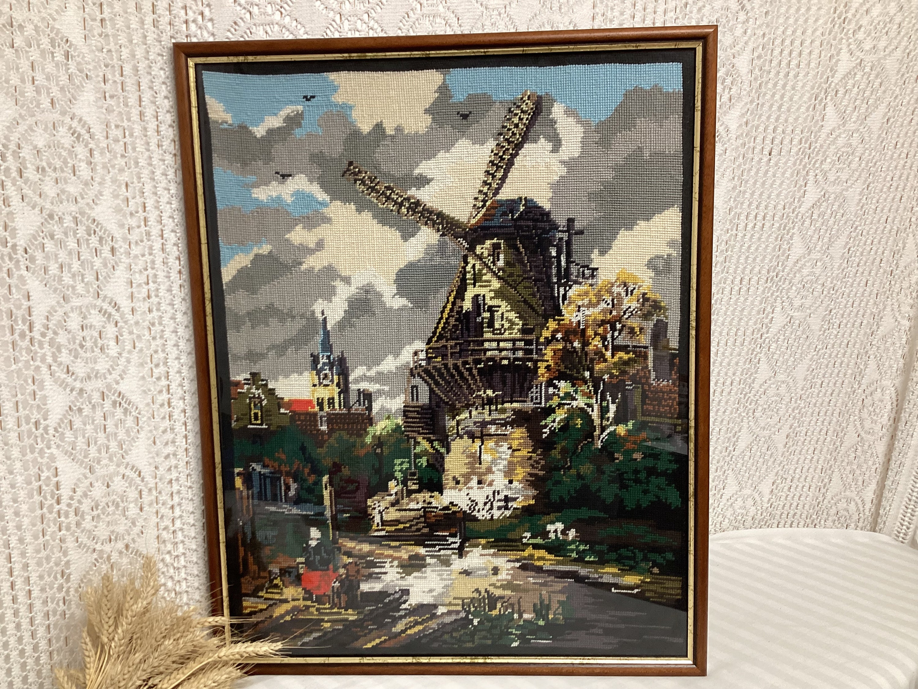 Old Painting Tapestry Canvas Vintage Embroidery Wall Decoration Windmill