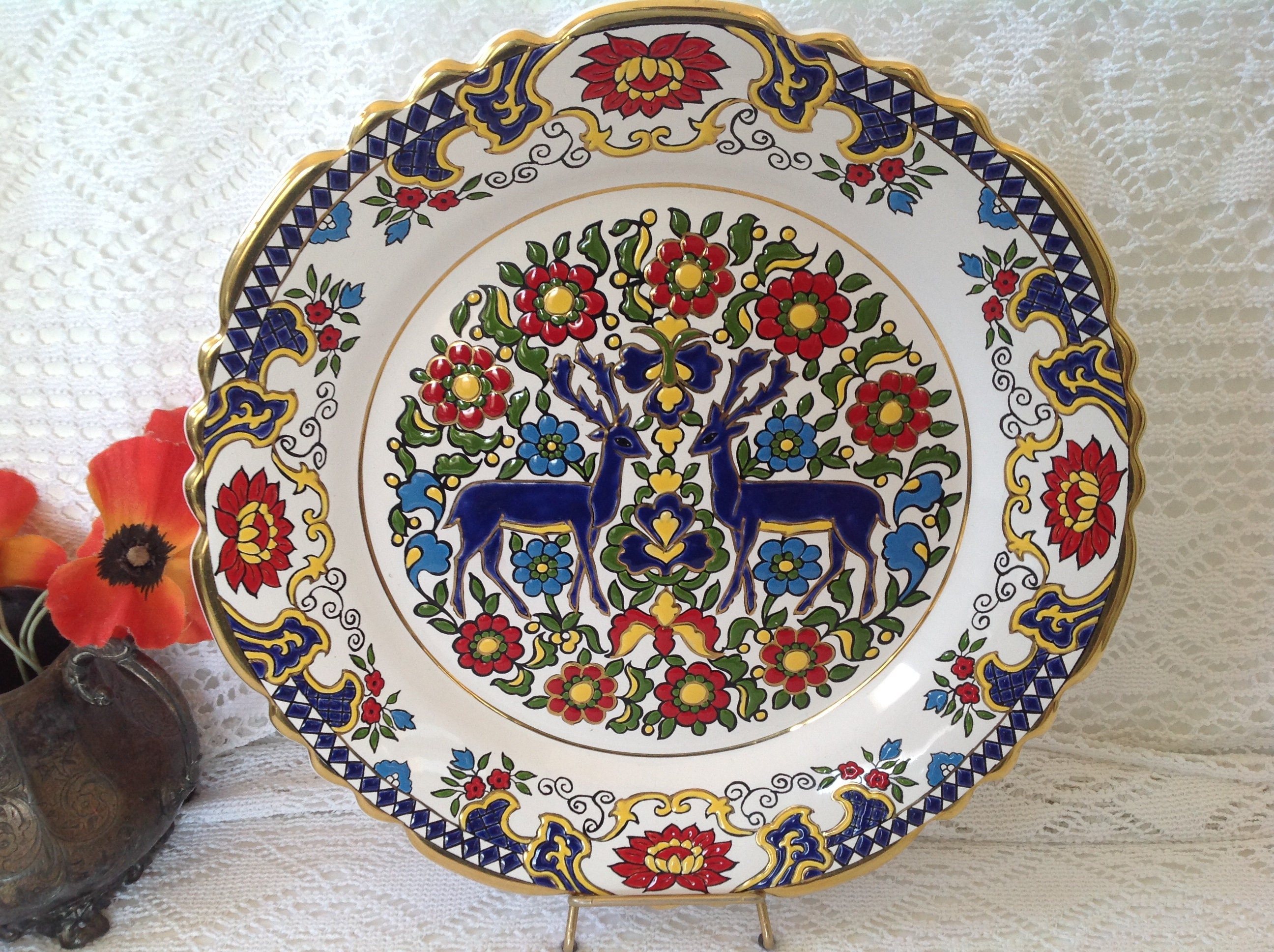 Ibiscus Céramics Rhodes- Traditional Rhodian Plates - Hand Made in 24K Gold Assiette Décorative en C