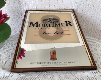 Screen-printed mirror, vintage advertising sign, Mortimer Pure Malted Strong Beer