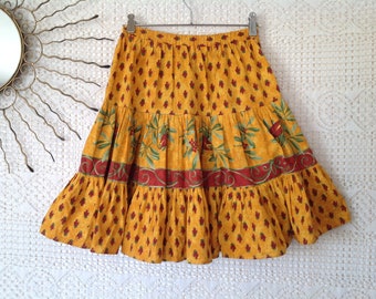 Women's Provençal Vintage Cotton Skirt Size 36 Flared Skirt Elastic Waist Patterns Cicadas Olives Leaves