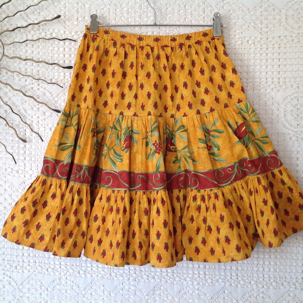 Jupe Femme Provençale Coton Vintage Taille 36 Jupe Evasée Taille Elastique Motifs Cigales Olives Feuilles