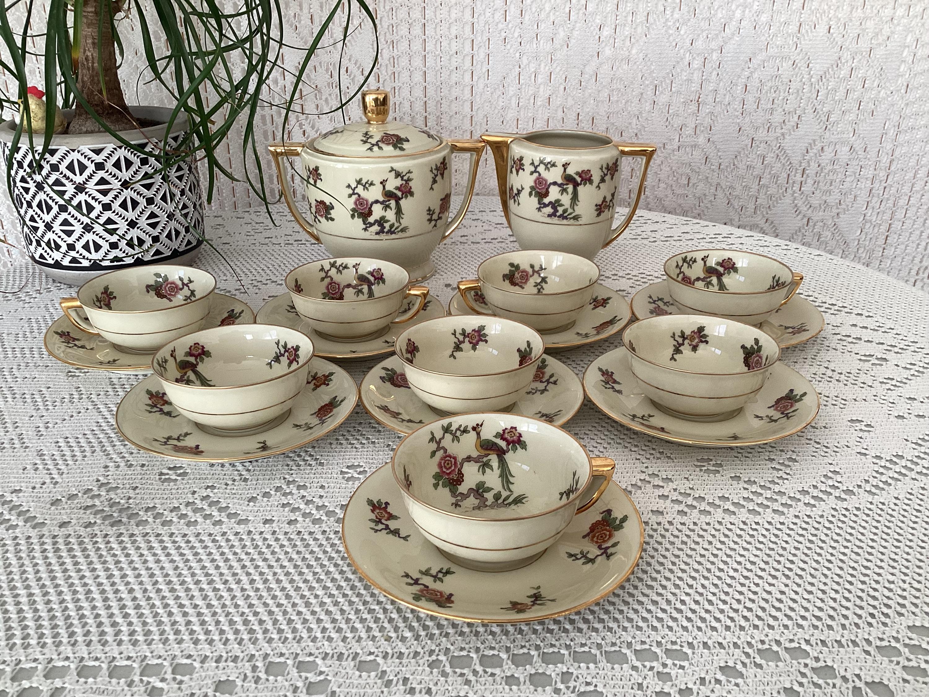 Limoges France Porcelain Coffee Set 8 Cups Saucers 1 Sugar Pot and 1 Milk Jug Vintage Floral and Birds of Paradise Decor