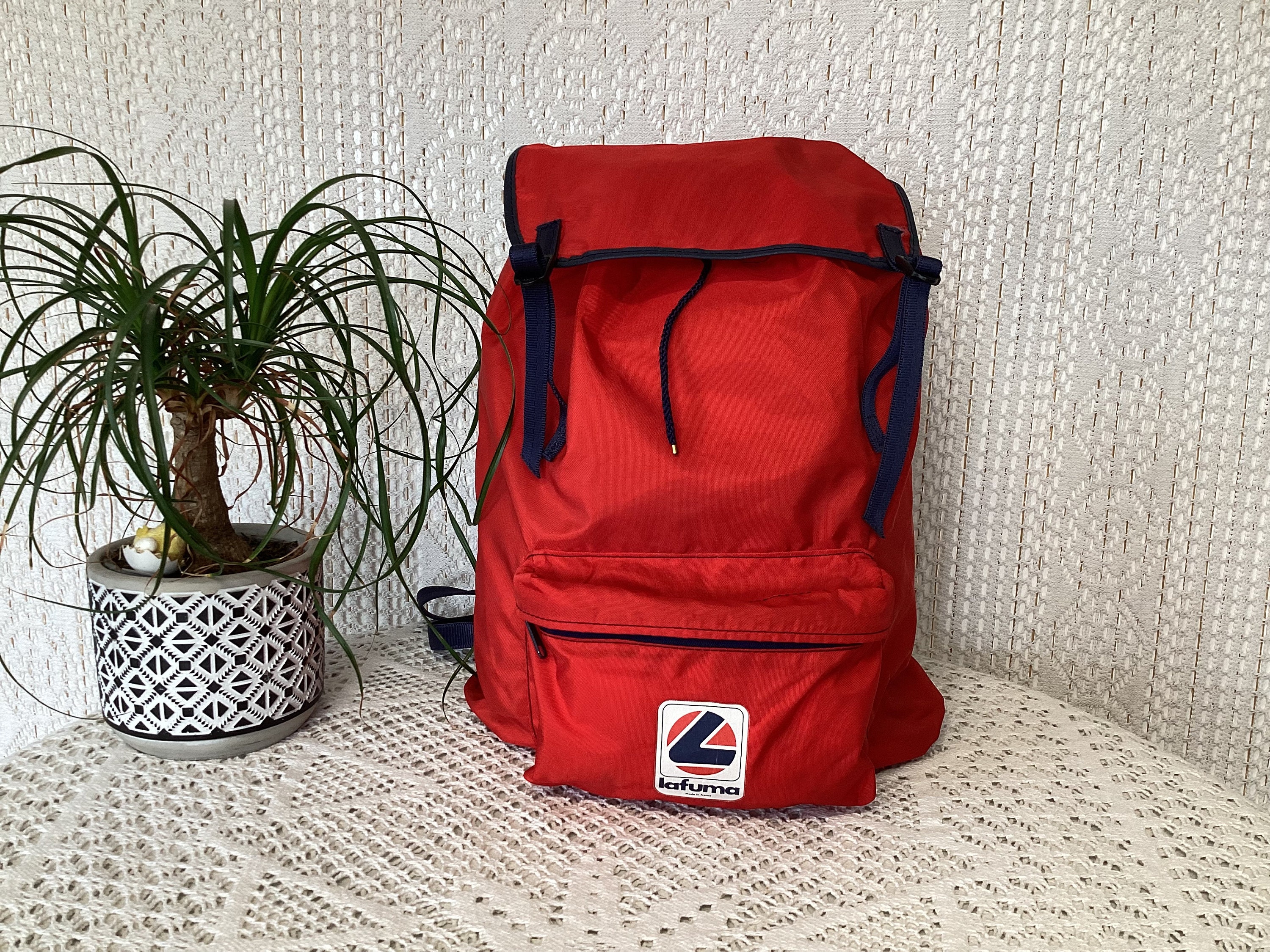 Lafuma Sac à Dos en Toile Vintage Rouge Sac de Randonnée Ballade