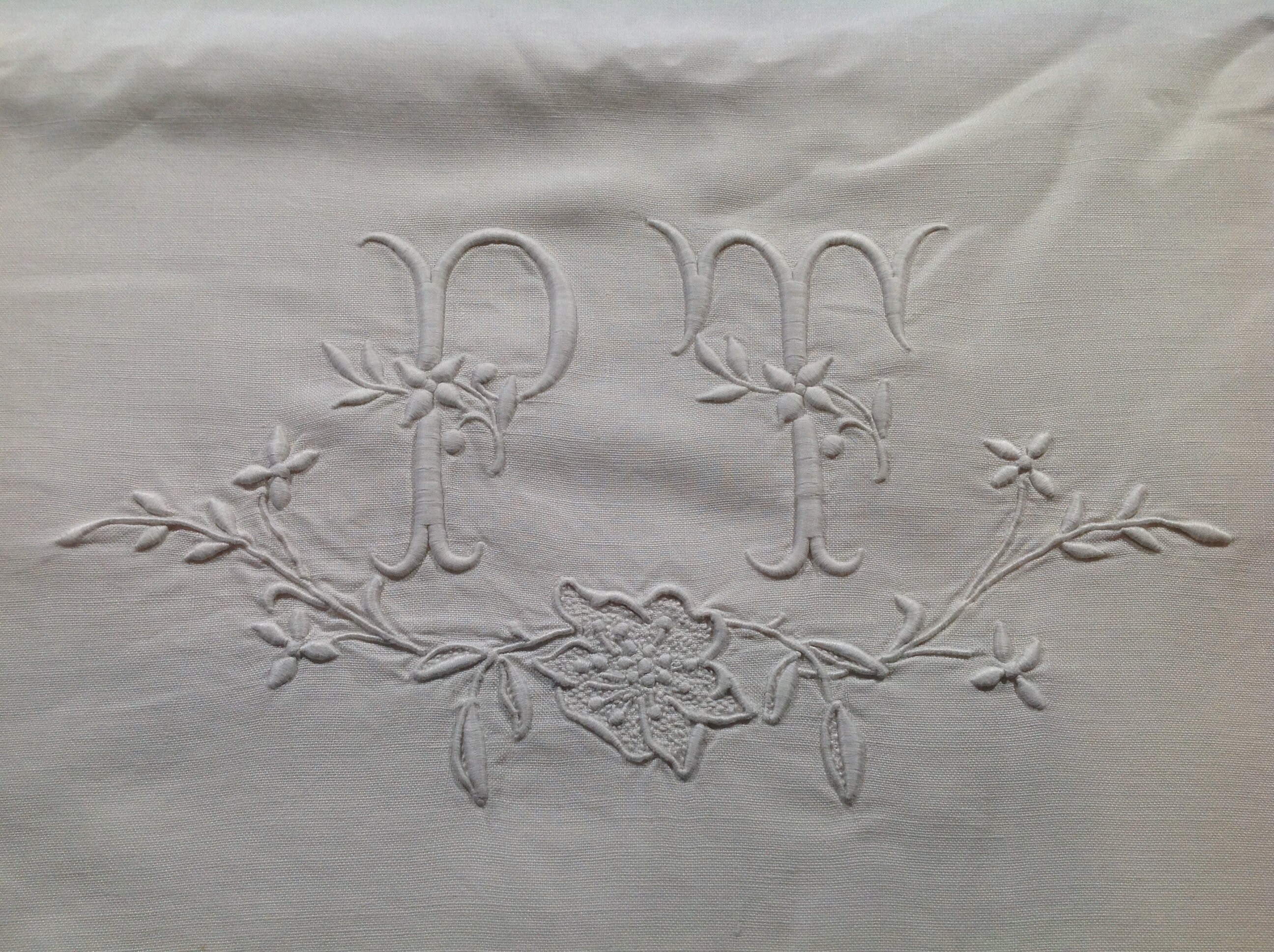 Grand Drap Plat Ancien Brodé en Coton Pt Antique Français Lit Adulte Vintage