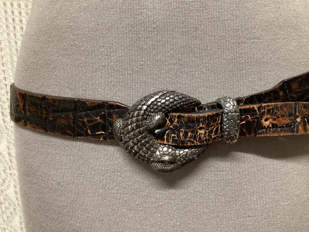 Post & CO Vintage Leather Alligator Buckle Belt; Size: 90 Post & Co. Crocodile Leather Belt in Brown main image 4