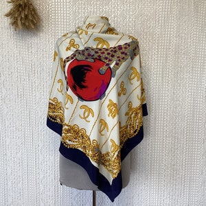 Vintage Women's Square Silk Scarf Blue Ecru Gold Gray Panther Scarf and Jewelry