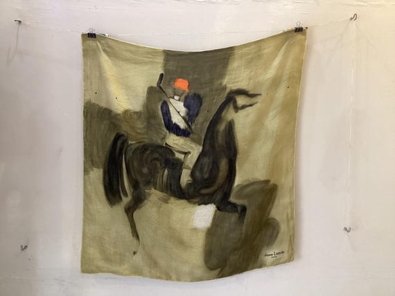 Lanvin, Jeanne Lanvin Paris Foulard en Soie Vintage Motif Équestre Cavalier Polo Luxueux Idées Cadeaux Femme Homme