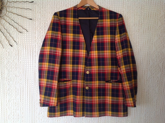 Men's Vintage Checked Jacket Size 48 Collarless T… - image 4