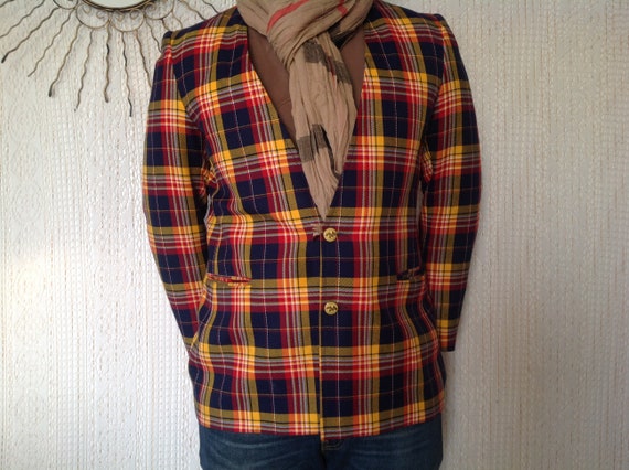 Men's Vintage Checked Jacket Size 48 Collarless T… - image 9