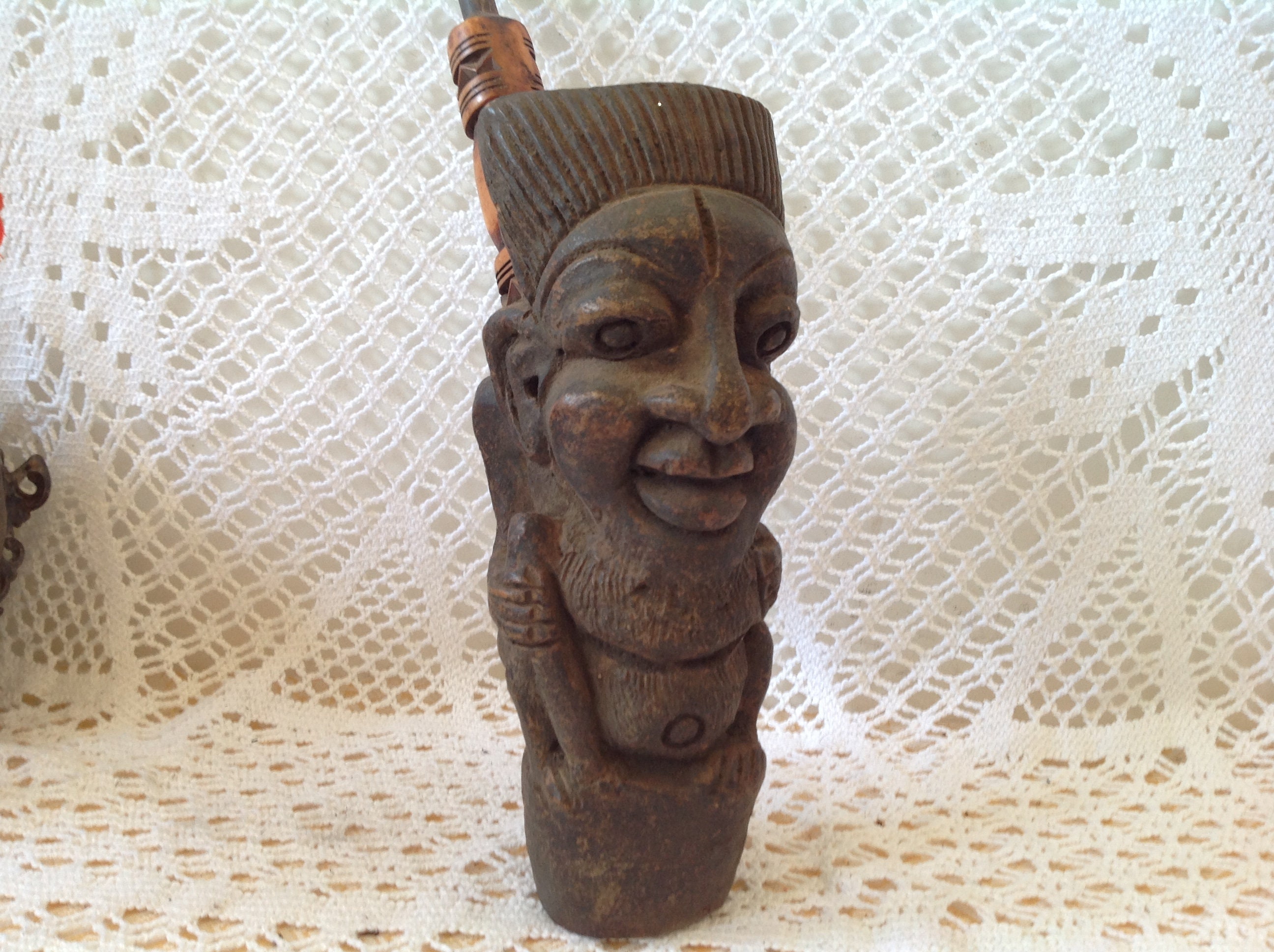ANCIENNE BELLE PIPE Statuette Art Africain En Bois Et Bronze 1950 EUR