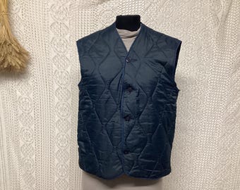 May include: A navy blue quilted vest with a button-up front. The vest features a diamond pattern and a rounded hem. It is displayed on a mannequin against a white lace backdrop.