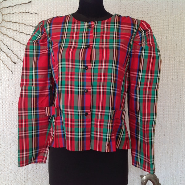 Chemisier Tartan Vintage Taille 3 Haut Femme à Rayures Manches Longues David Made in France Manche Bouffante