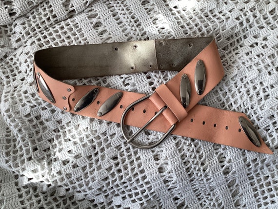 Wide Vintage Leather Belt Metallic Bands Belt One… - image 3