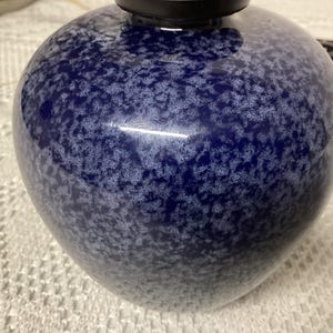 May include: A dark blue ceramic vase with a speckled white pattern. The vase has a rounded shape and a black top. The surface is glossy and reflects light. The vase is likely for home decor.