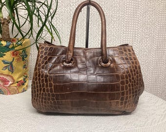 Furla Women's Vintage Printed Leather Handbag, Brown, Two Handles