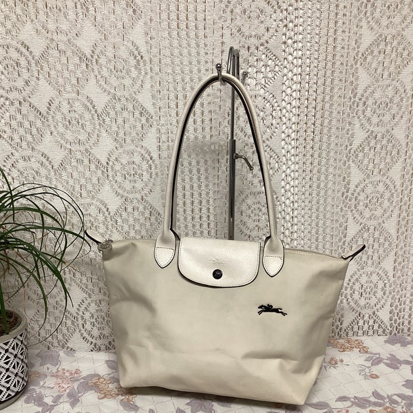 Longchamp Paris Sac à Main Femme Vintage Sac Beige Toile Nylon et Cuir Made in France