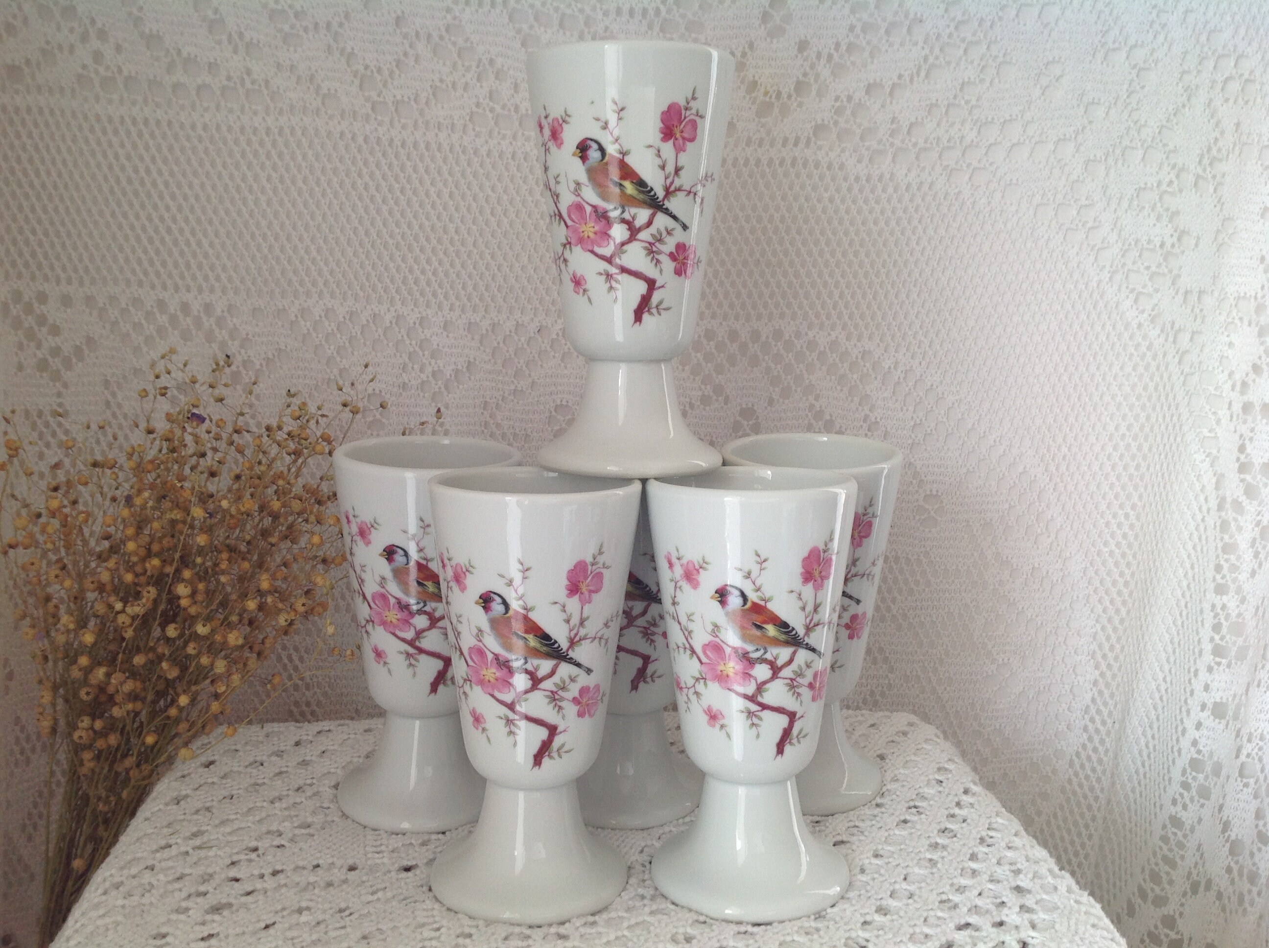 Chardonneret sur Branche 6 Mazagrans en Porcelaine Vintage Tradition France