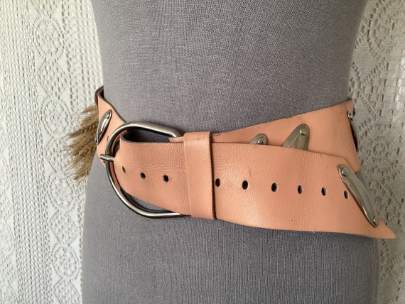 Wide Vintage Leather Belt Metallic Bands Belt One… - image 2