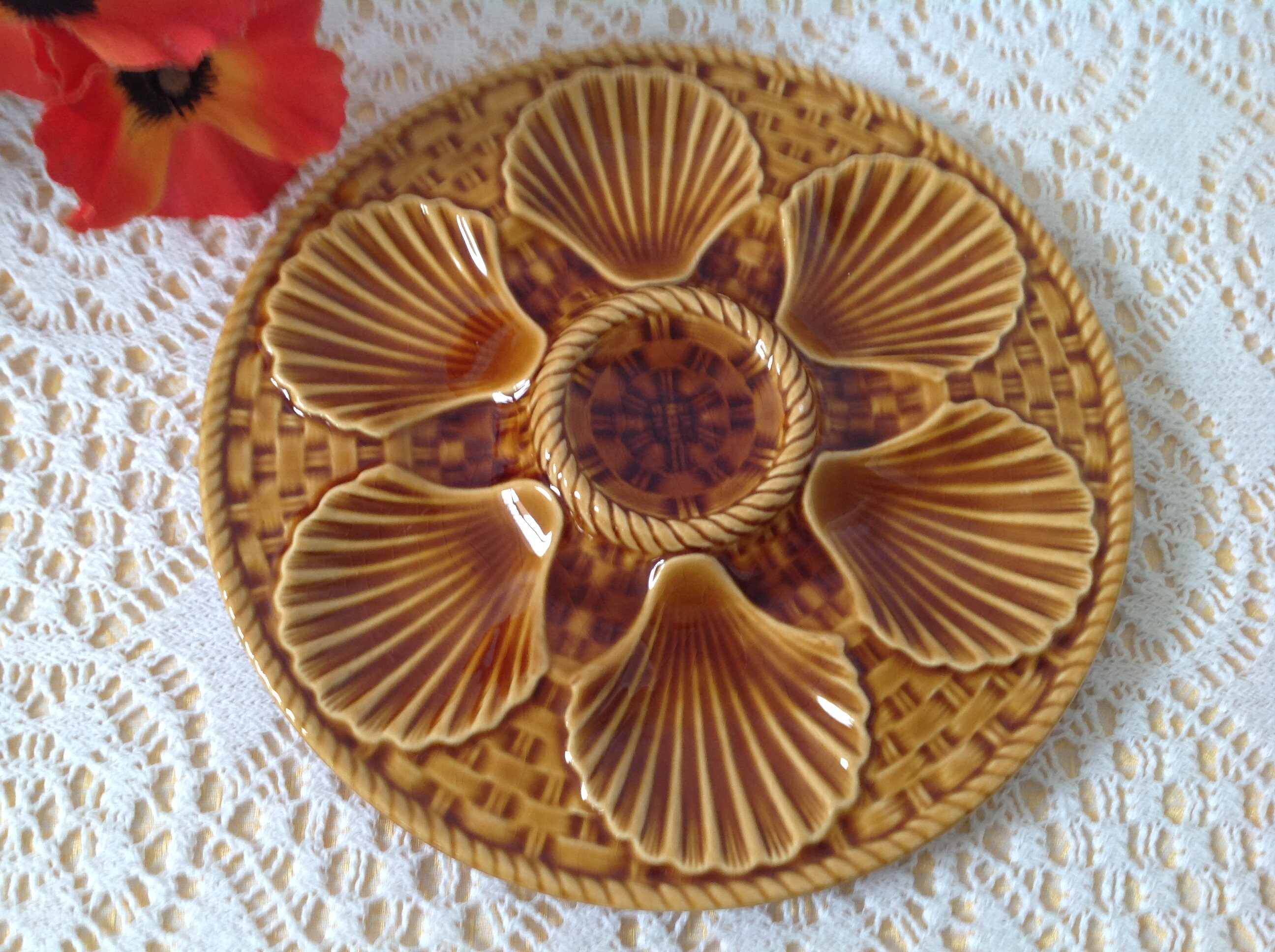 Antique Français Barbotine Assiette à Huîtres Longchamp Vintage France