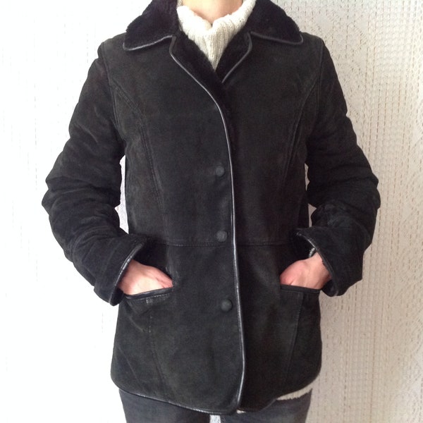 Veste en Croûte de Porc Vintage Taille 38/40 Manteau veste Hiver Veste en Cuir Noir Veste Femme Veste Croute de Porc Lainée