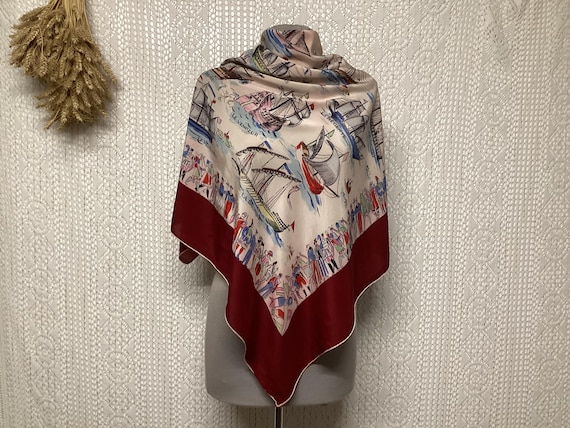 Foulard en Soie Vintage Foulard Femme Motif Motif Bateaux Anciens à Voiles Cadeau de Luxe