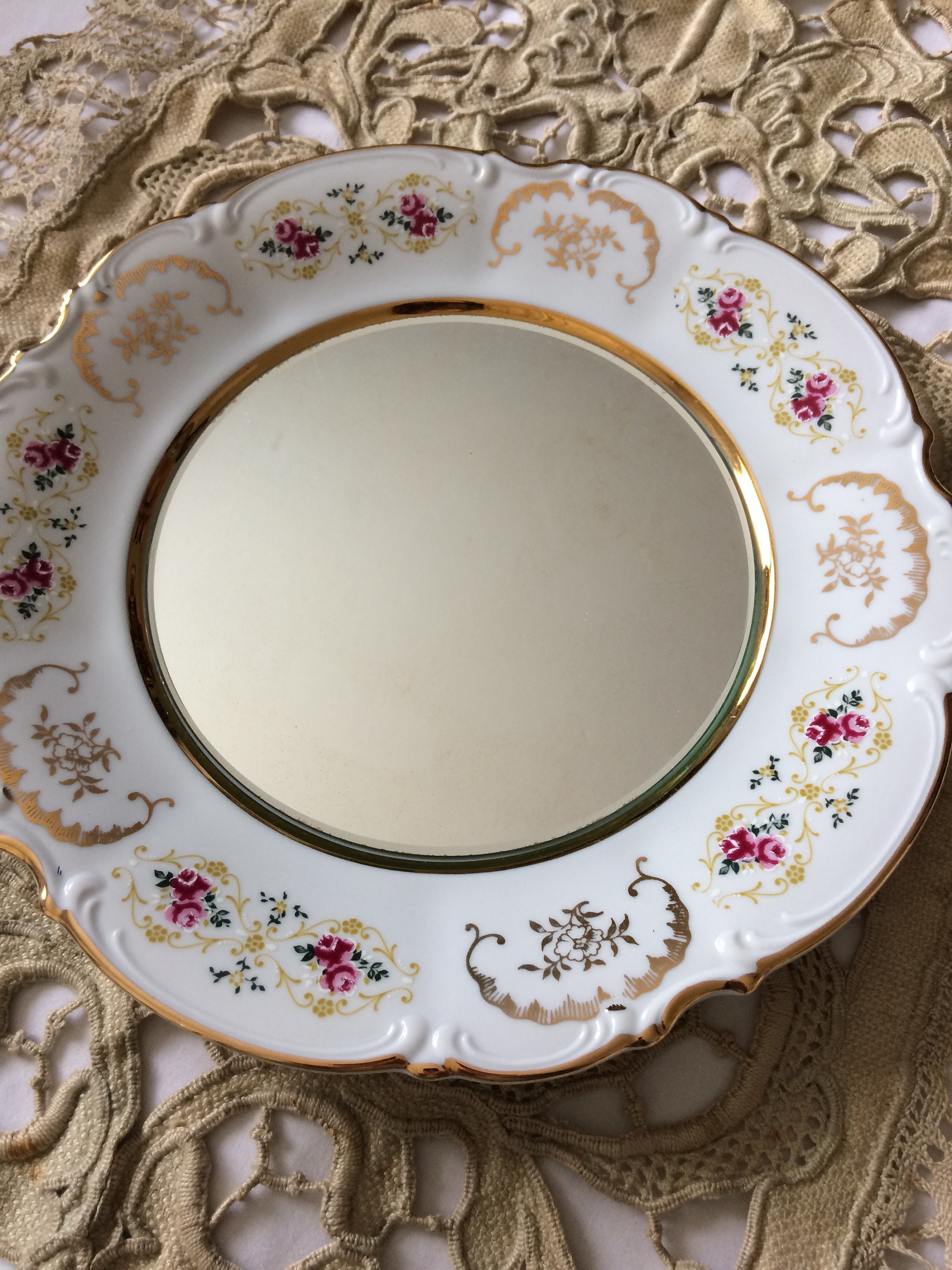 Antique Français Joli Miroir Assiette en Porcelaine Sofafils Vintage France