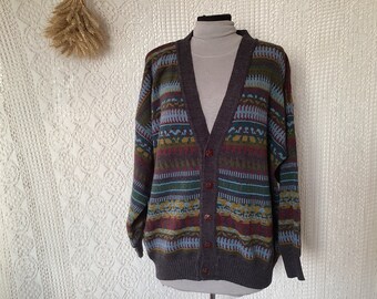 Arno Lanzi Gilet Pull Cardigan Vintage Taille 5 Gilet en Laine Acrylique Pull Manche Longue Multicolore